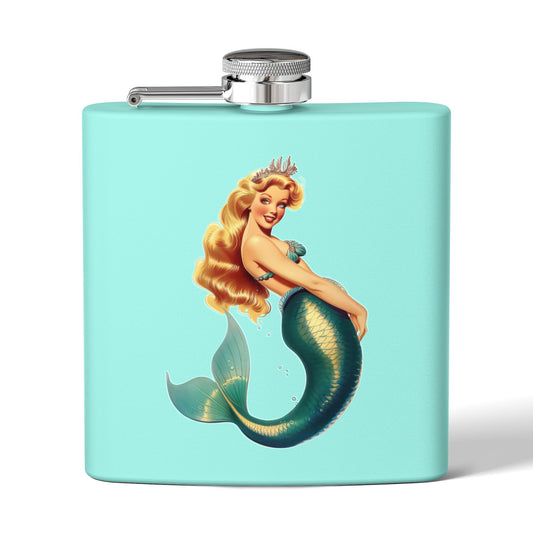 6oz Stainless Steel Flask - Pinup-Style Retro Mermaid