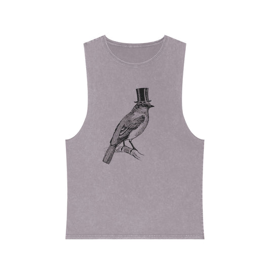 Stonewash Unisex Tank Top - Bird in Top Hat