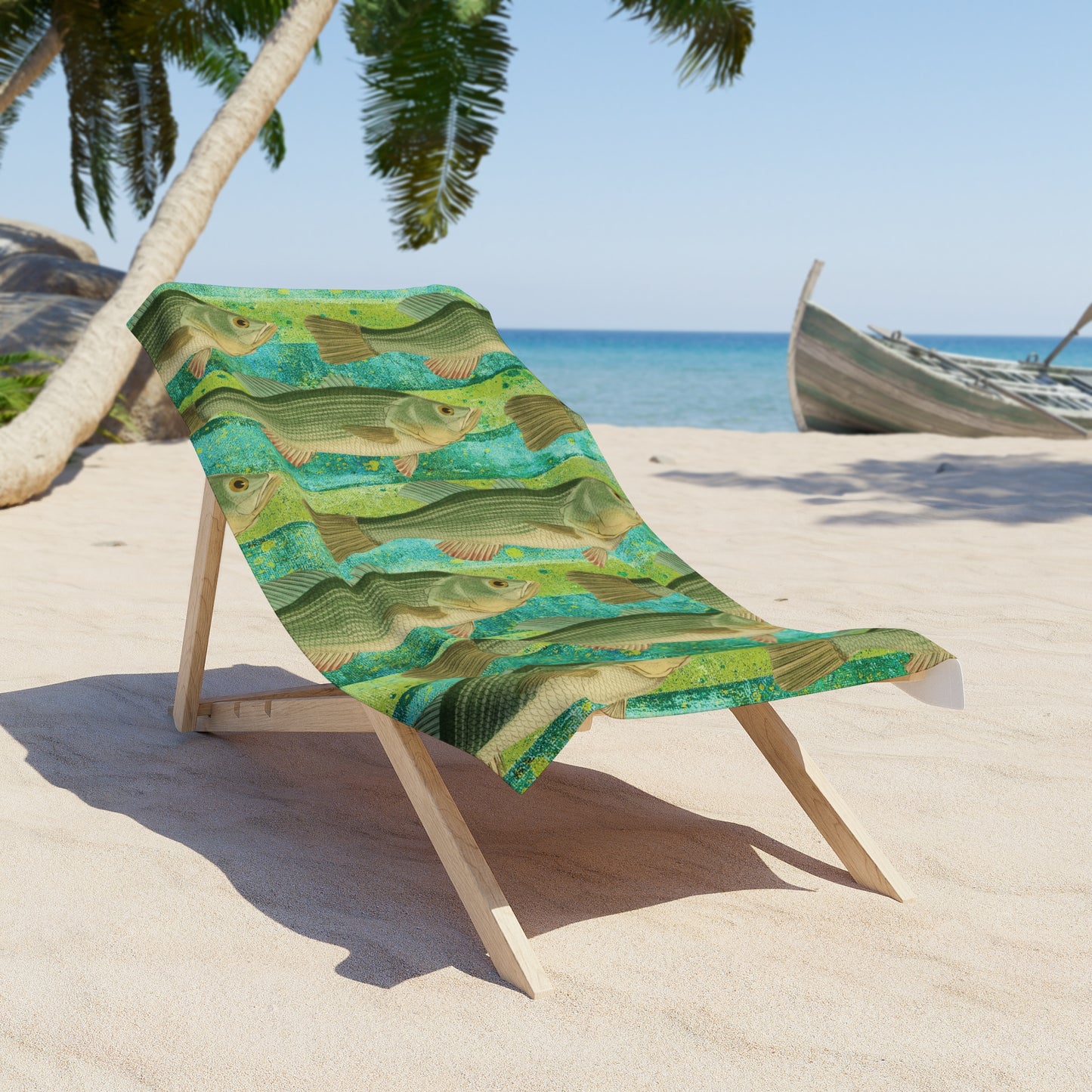 School of Fish Beach Towel on Chartreuse and Turquoise Cabana Stripe