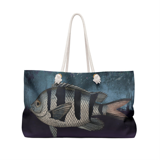 Big Fish Weekender Bag - Vintage Illustration on Deep Sea Painted Background