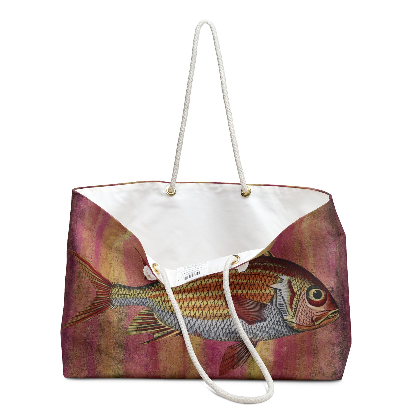 Big Fish Weekender Bag - Vintage Illustration on Lemonade Stripe Painted Background