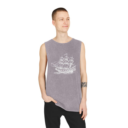 Stonewash Unisex Tank Top - Vintage Sailing Ship Graphic