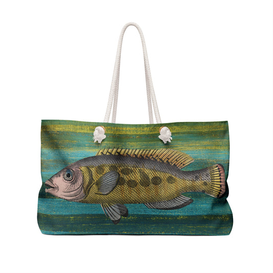 Big Fish Weekender Bag - Vintage Illustration on Algae Stripe Background