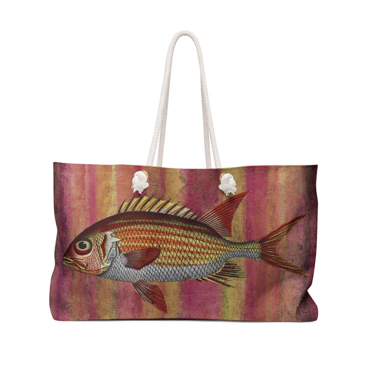 Big Fish Weekender Bag - Vintage Illustration on Lemonade Stripe Painted Background
