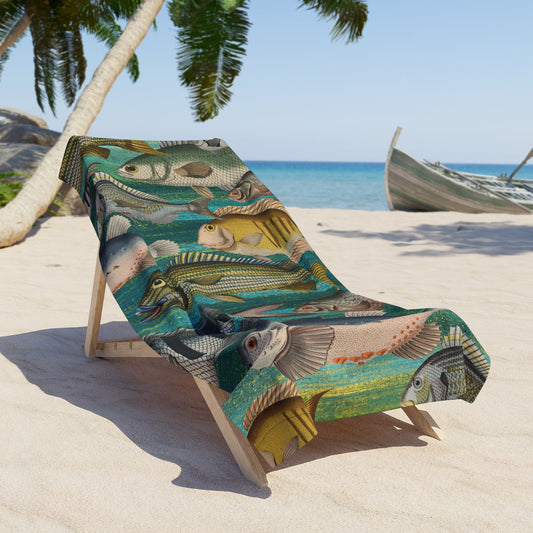 Aquarium Beach Towel - Vintage Fish on Turquoise Backdrop