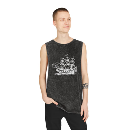 Stonewash Unisex Tank Top - Vintage Sailing Ship Graphic