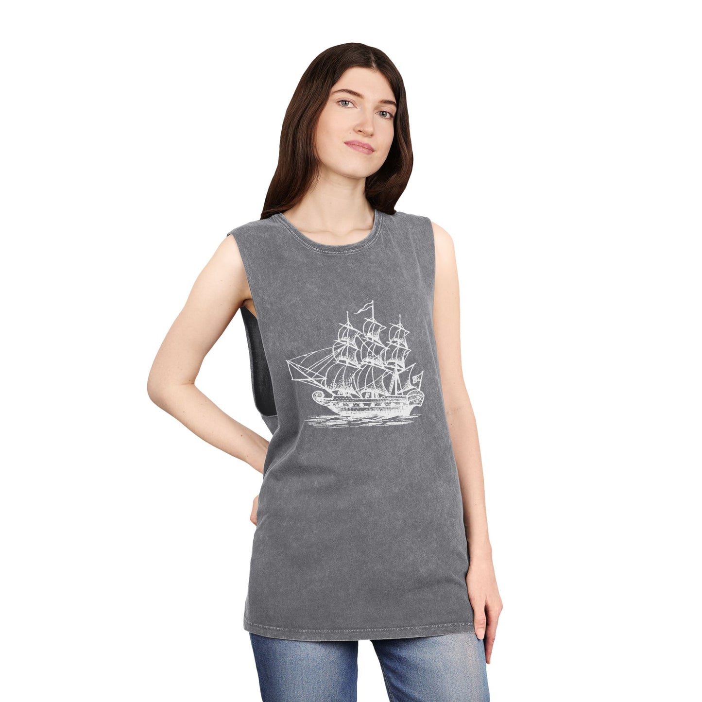 Stonewash Unisex Tank Top - Vintage Sailing Ship Graphic