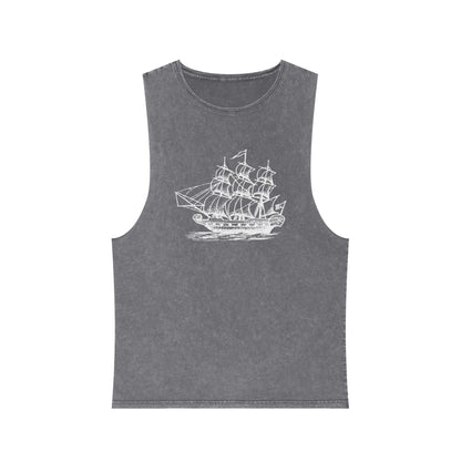 Stonewash Unisex Tank Top - Vintage Sailing Ship Graphic