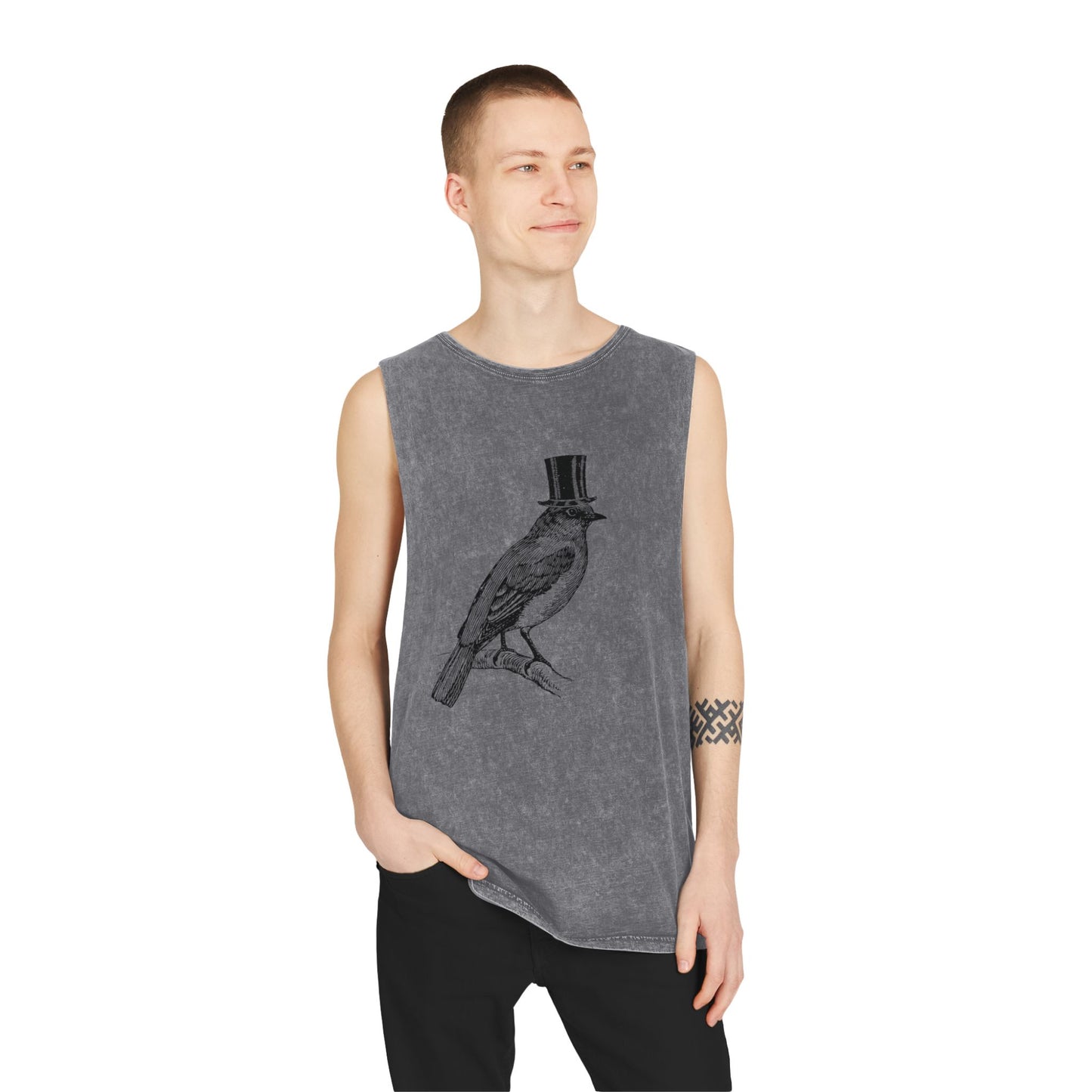 Stonewash Unisex Tank Top - Bird in Top Hat
