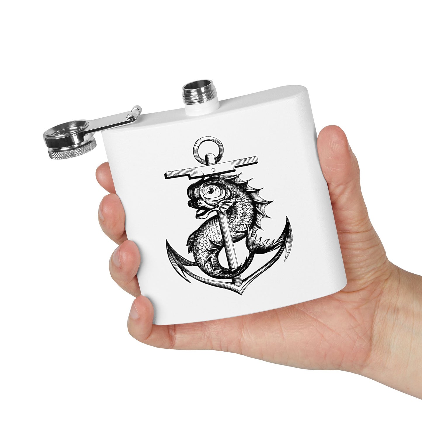 6oz Stainless Steel Flask - Mythological Fish and Anchor
