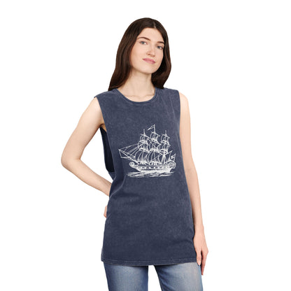 Stonewash Unisex Tank Top - Vintage Sailing Ship Graphic