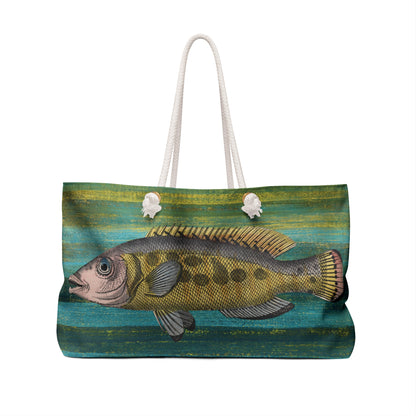 Big Fish Weekender Bag - Vintage Illustration on Marine Stripe Background