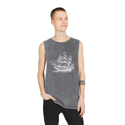 Stonewash Unisex Tank Top - Vintage Sailing Ship Graphic