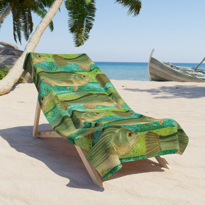 School of Fish Beach Towel on Chartreuse and Turquoise Cabana Stripe