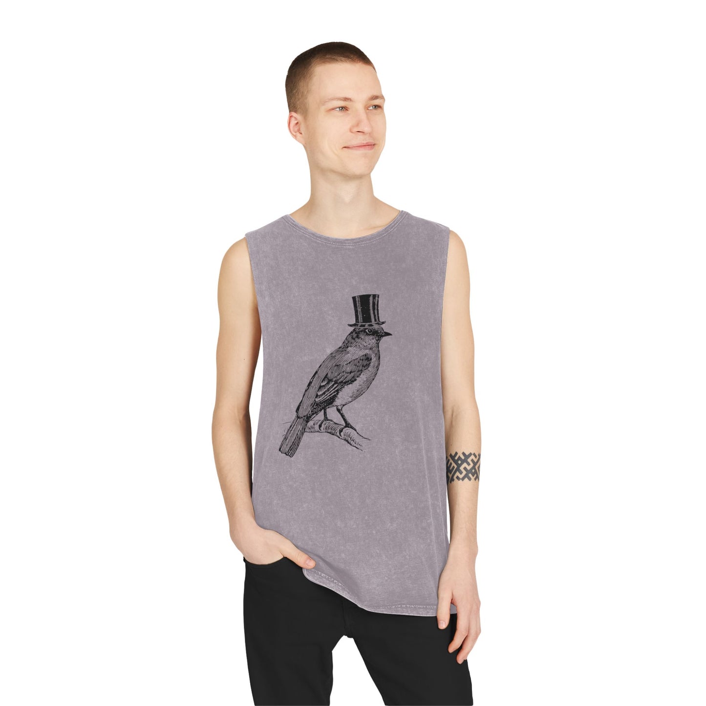 Stonewash Unisex Tank Top - Bird in Top Hat