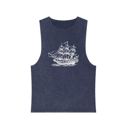 Stonewash Unisex Tank Top - Vintage Sailing Ship Graphic