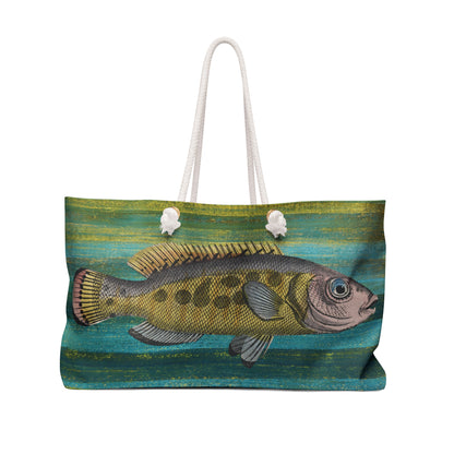 Big Fish Weekender Bag - Vintage Illustration on Marine Stripe Background