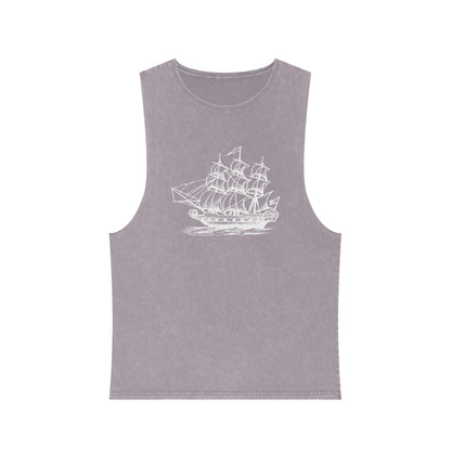 Stonewash Unisex Tank Top - Vintage Sailing Ship Graphic