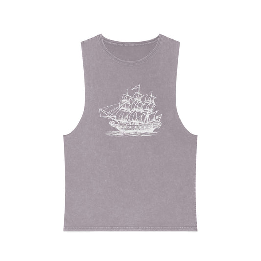 Stonewash Unisex Tank Top - Vintage Sailing Ship Graphic