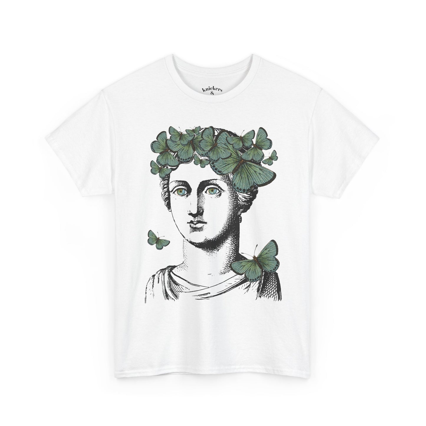 Garden Goddess Graphic Tee - Classical Bust with Green Butterfly Crown