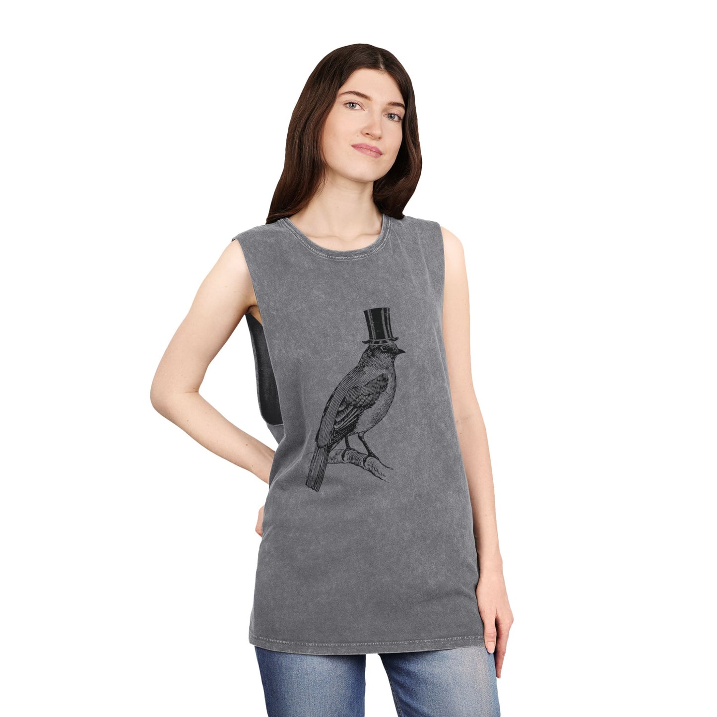 Stonewash Unisex Tank Top - Bird in Top Hat