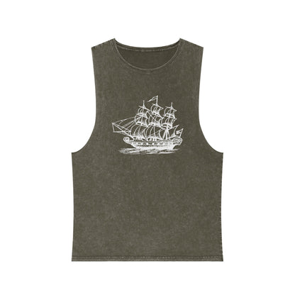 Stonewash Unisex Tank Top - Vintage Sailing Ship Graphic