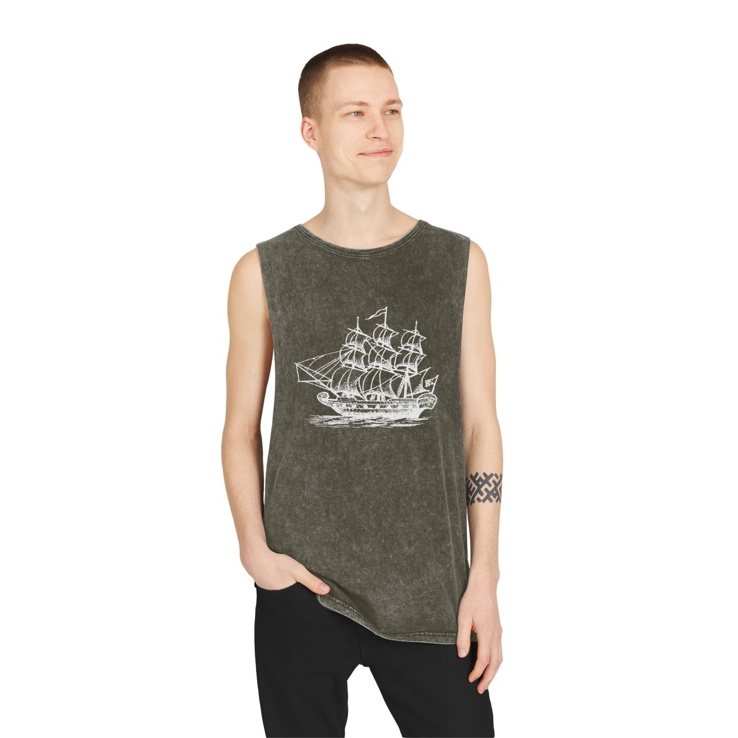 Stonewash Unisex Tank Top - Vintage Sailing Ship Graphic