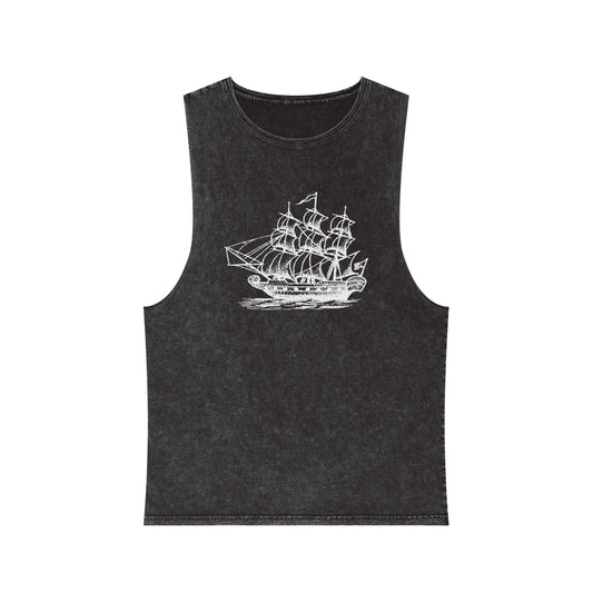 Stonewash Unisex Tank Top - Vintage Sailing Ship Graphic
