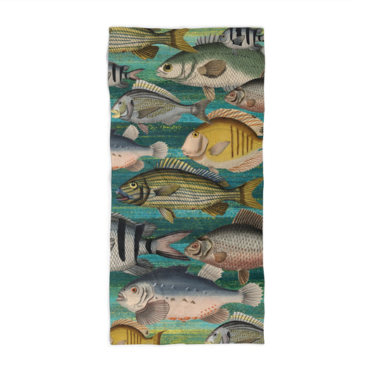 Aquarium Beach Towel - Vintage Fish on Turquoise Backdrop