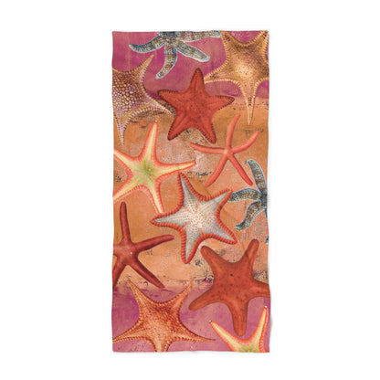 Starfish Beach Towel - Vintage Starfish on Orange and Pink Backdrop