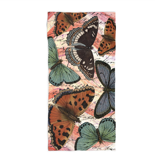 Butterfly Beach Towel - Vintage Butterflies on Coral Stripe