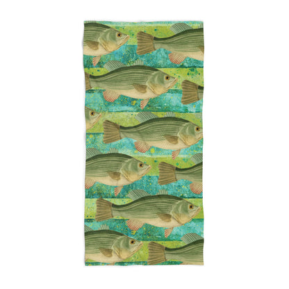 School of Fish Beach Towel on Chartreuse and Turquoise Cabana Stripe