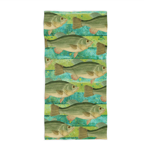 School of Fish Beach Towel on Chartreuse and Turquoise Cabana Stripe