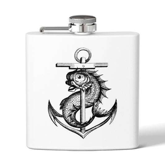 6oz Stainless Steel Flask - Mythological Fish and Anchor