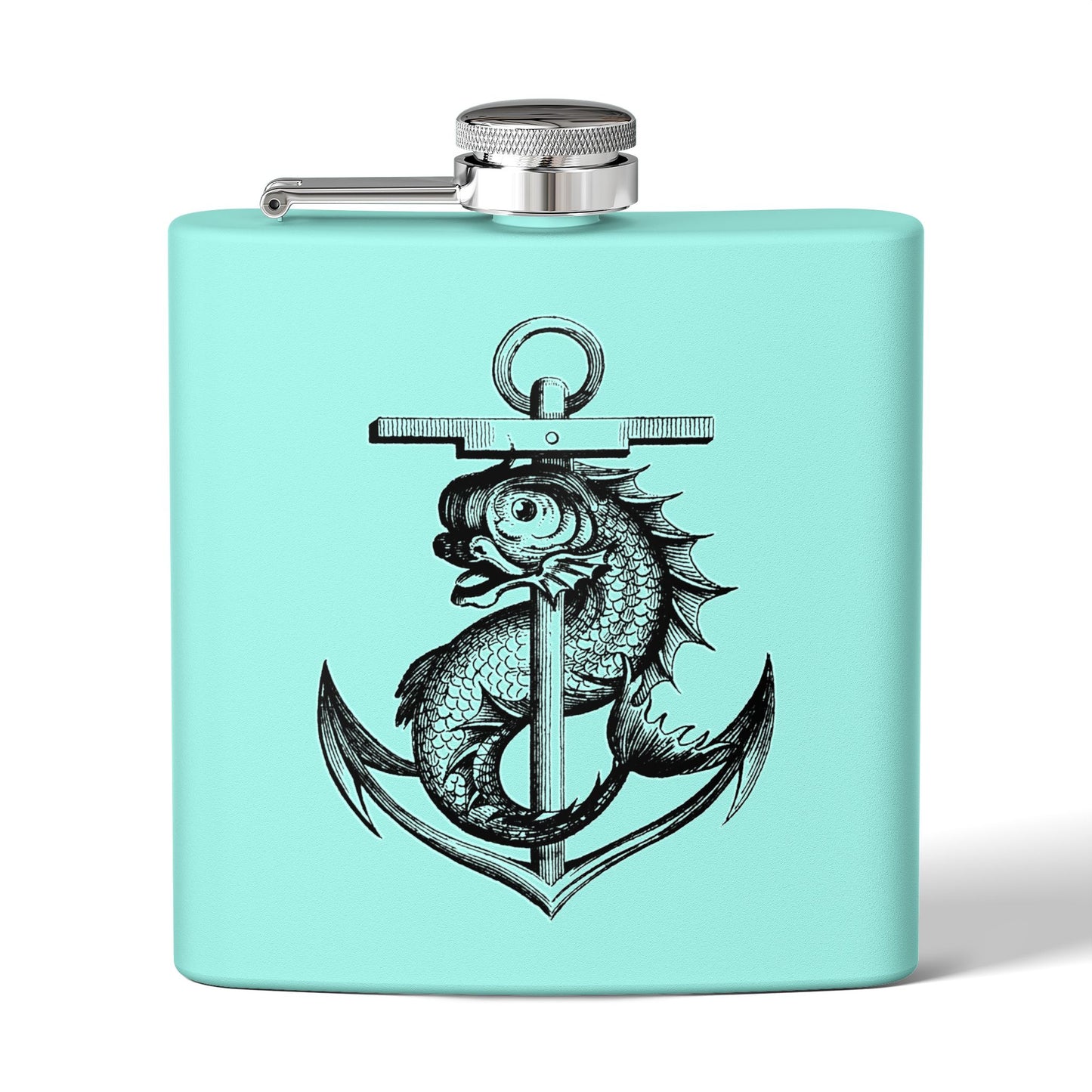 6oz Stainless Steel Flask - Mythological Fish and Anchor