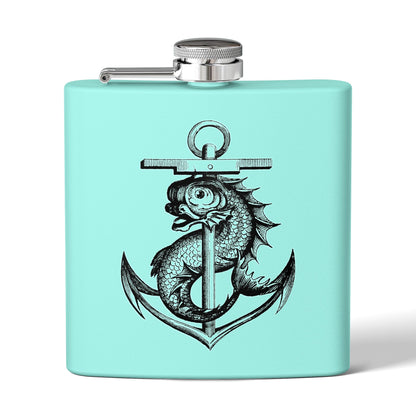 6oz Stainless Steel Flask - Mythological Fish and Anchor