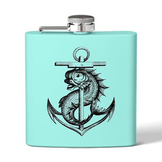 6oz Stainless Steel Flask - Mythological Fish and Anchor