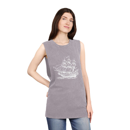 Stonewash Unisex Tank Top - Vintage Sailing Ship Graphic