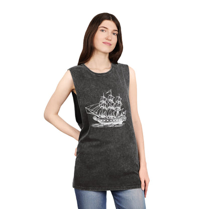 Stonewash Unisex Tank Top - Vintage Sailing Ship Graphic
