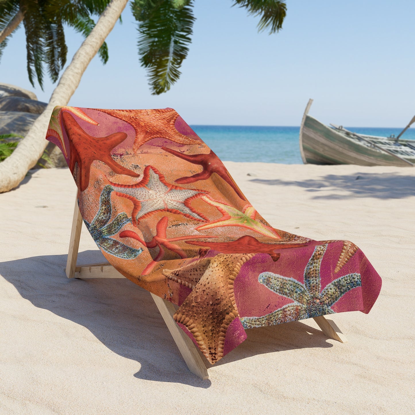 Starfish Beach Towel - Vintage Starfish on Orange and Pink Backdrop