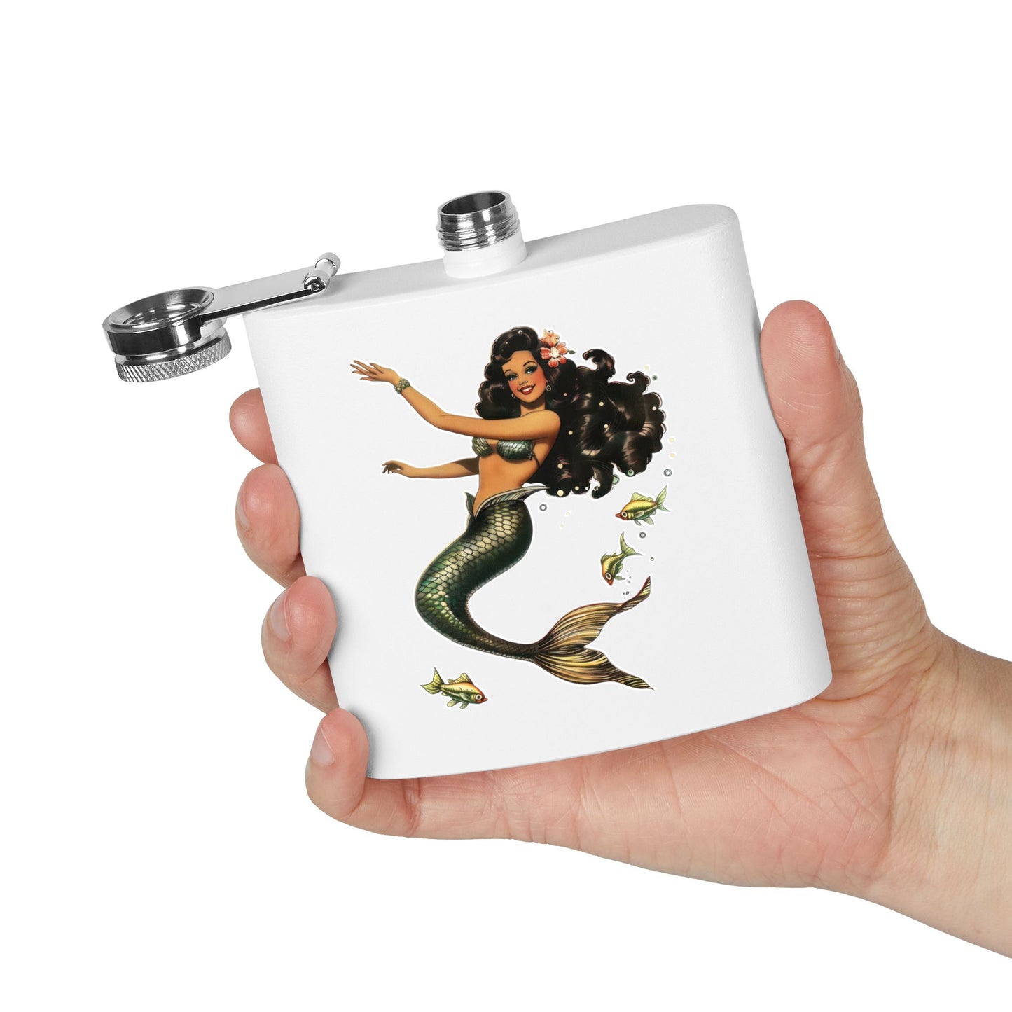 6oz Stainless Steel Flask - Pinup-Style Retro Mermaid
