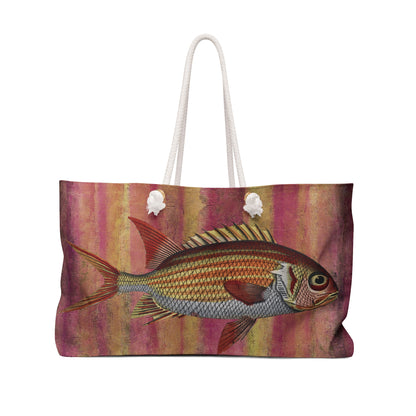 Big Fish Weekender Bag - Vintage Illustration on Lemonade Stripe Painted Background