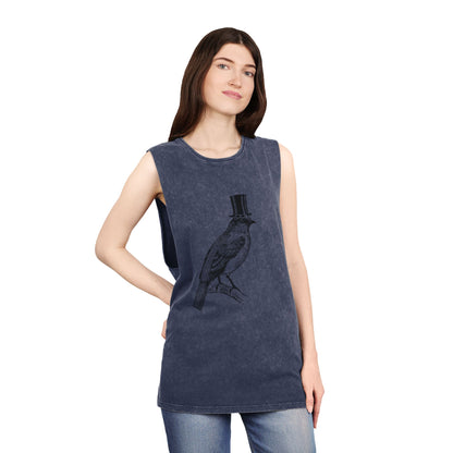 Stonewash Unisex Tank Top - Bird in Top Hat