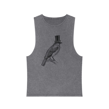 Stonewash Unisex Tank Top - Bird in Top Hat