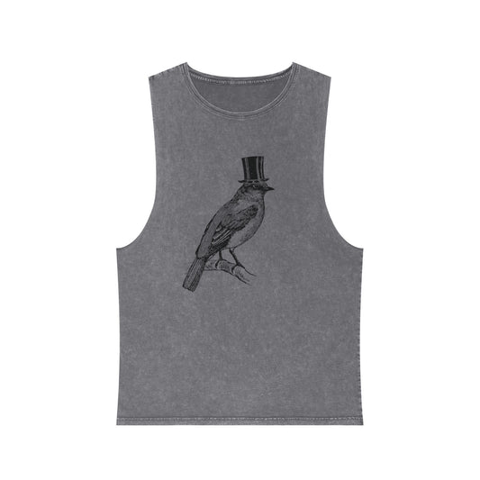 Stonewash Unisex Tank Top - Bird in Top Hat