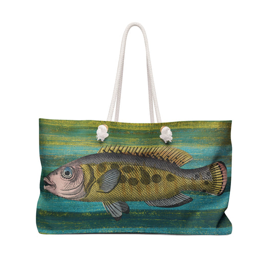 Big Fish Weekender Bag - Vintage Illustration on Algae Stripe Background