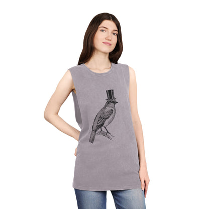 Stonewash Unisex Tank Top - Bird in Top Hat