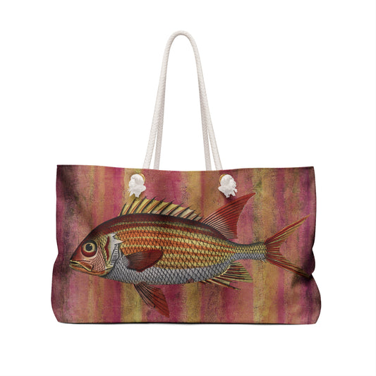 Big Fish Weekender Bag - Vintage Illustration on Lemonade Stripe Painted Background