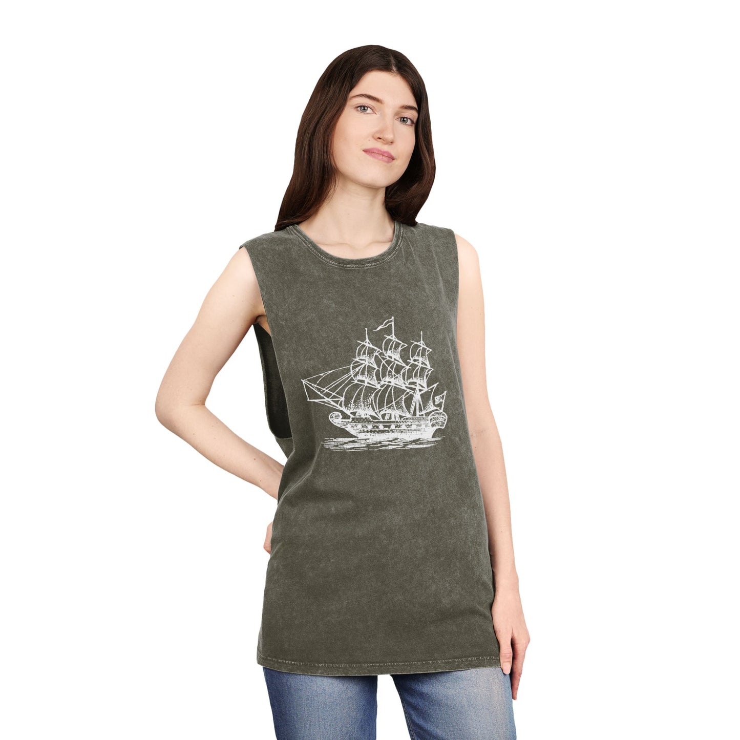 Stonewash Unisex Tank Top - Vintage Sailing Ship Graphic