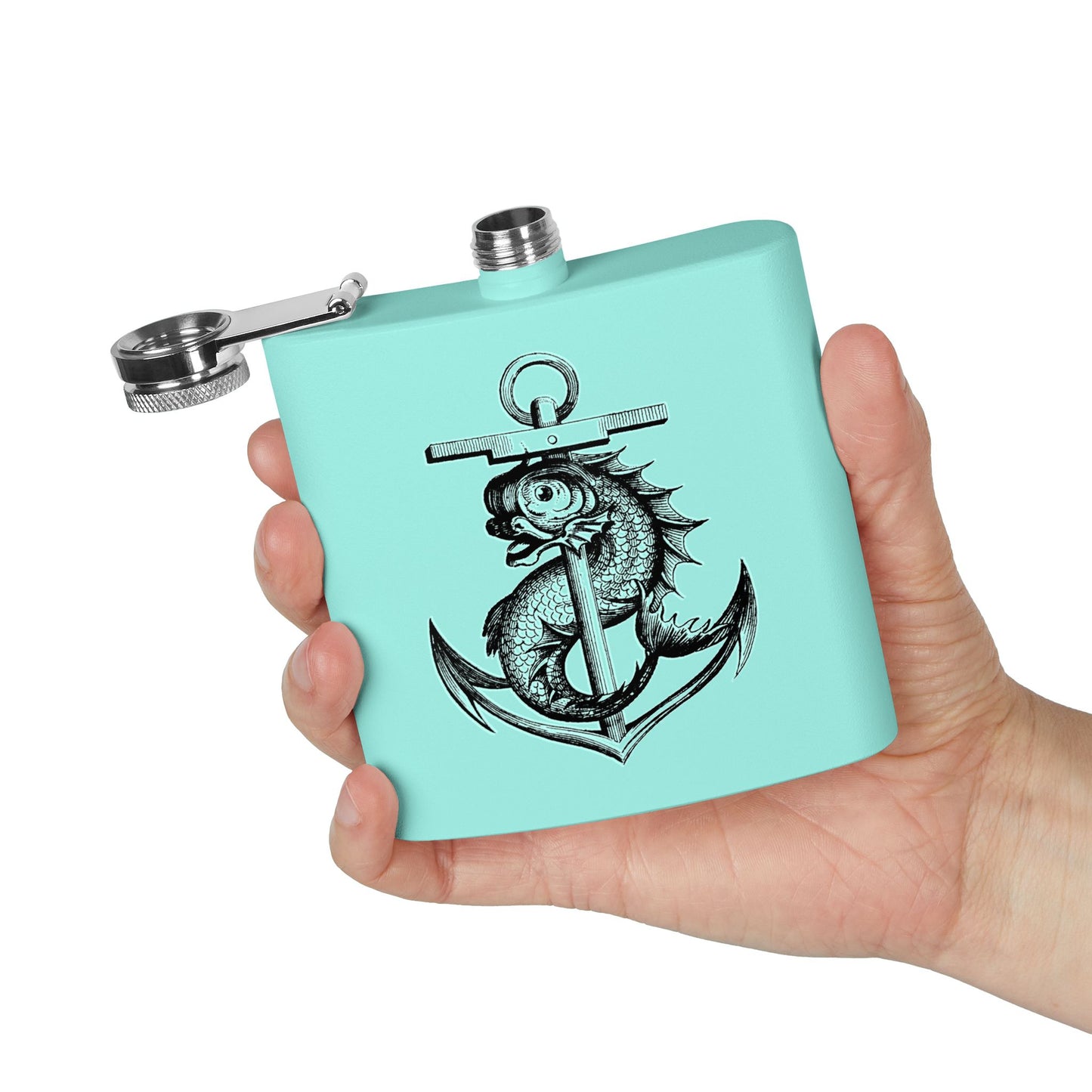 6oz Stainless Steel Flask - Mythological Fish and Anchor